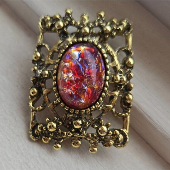 VTG Dragons breath fiery pink red Filagree glass cabochon brooch jelly belly - Picture 3 of 10